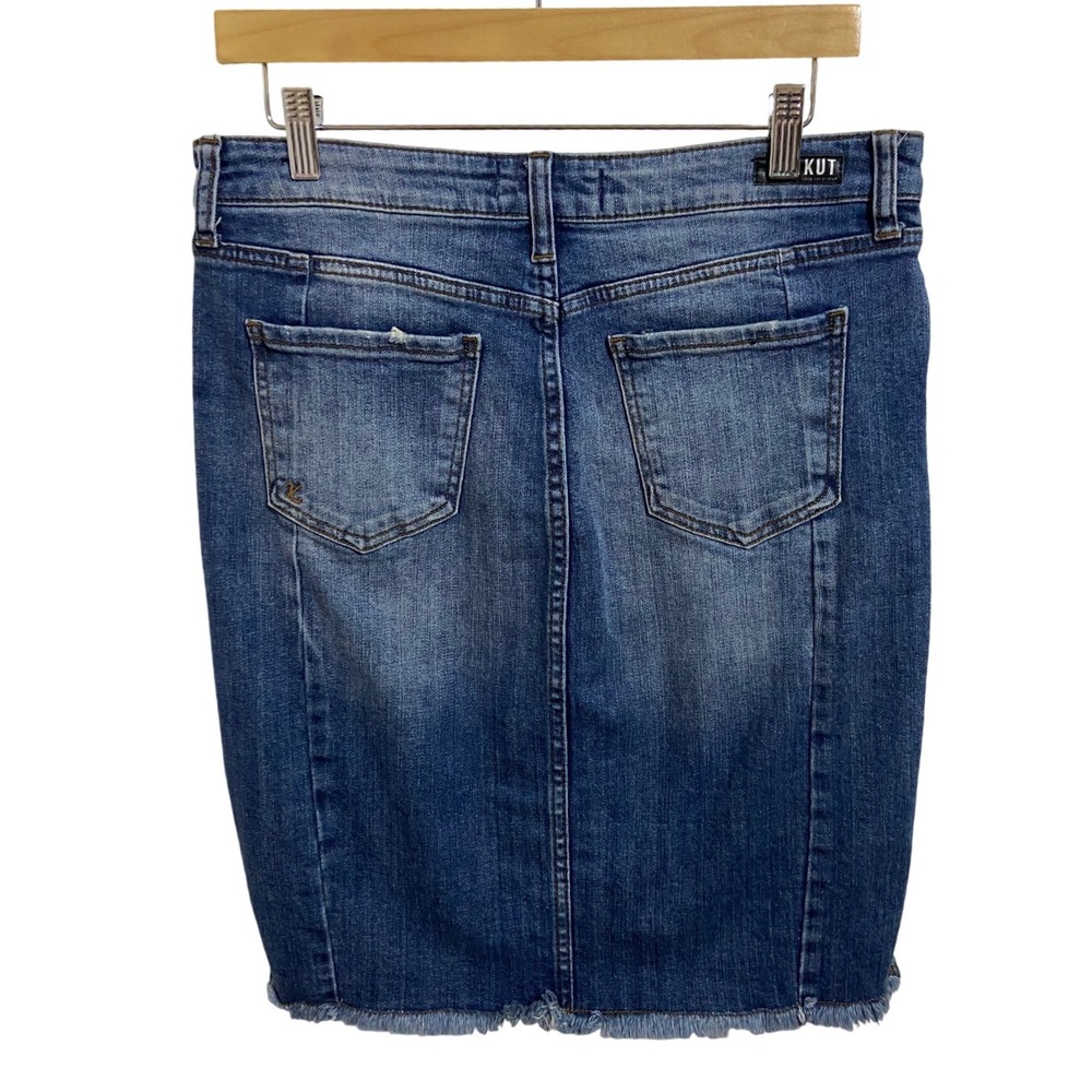 KUT from the Kloth Connie Denim Skirt Medium Wash Raw Hem Size 8 Distressed Slit - Picture 2 of 13